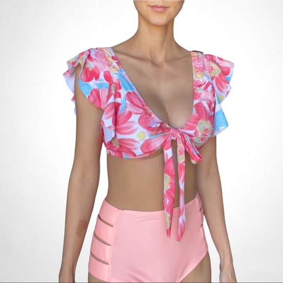 NEW ♡ ROSA BLUSH Floral Ruffle High Waisted Bikini SET - Picture 2 of 5